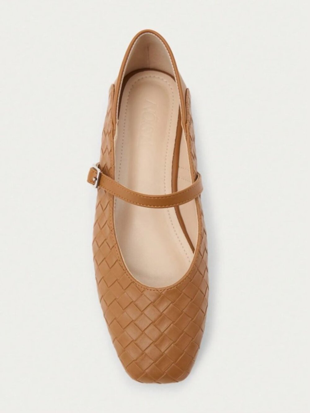 Camel Woven Mary Jane Flats with Buckle Strap